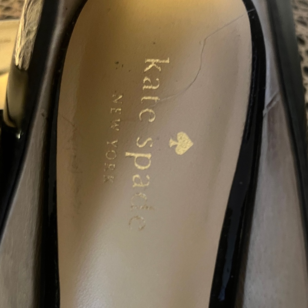kate spade Black Patent Peep-Toe Wedges with Gold Bow Accent - Picture 3 of 6